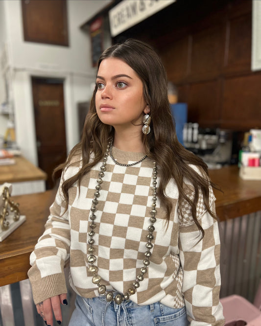 Checkered Print Drop Shoulder Round Neck Sweater