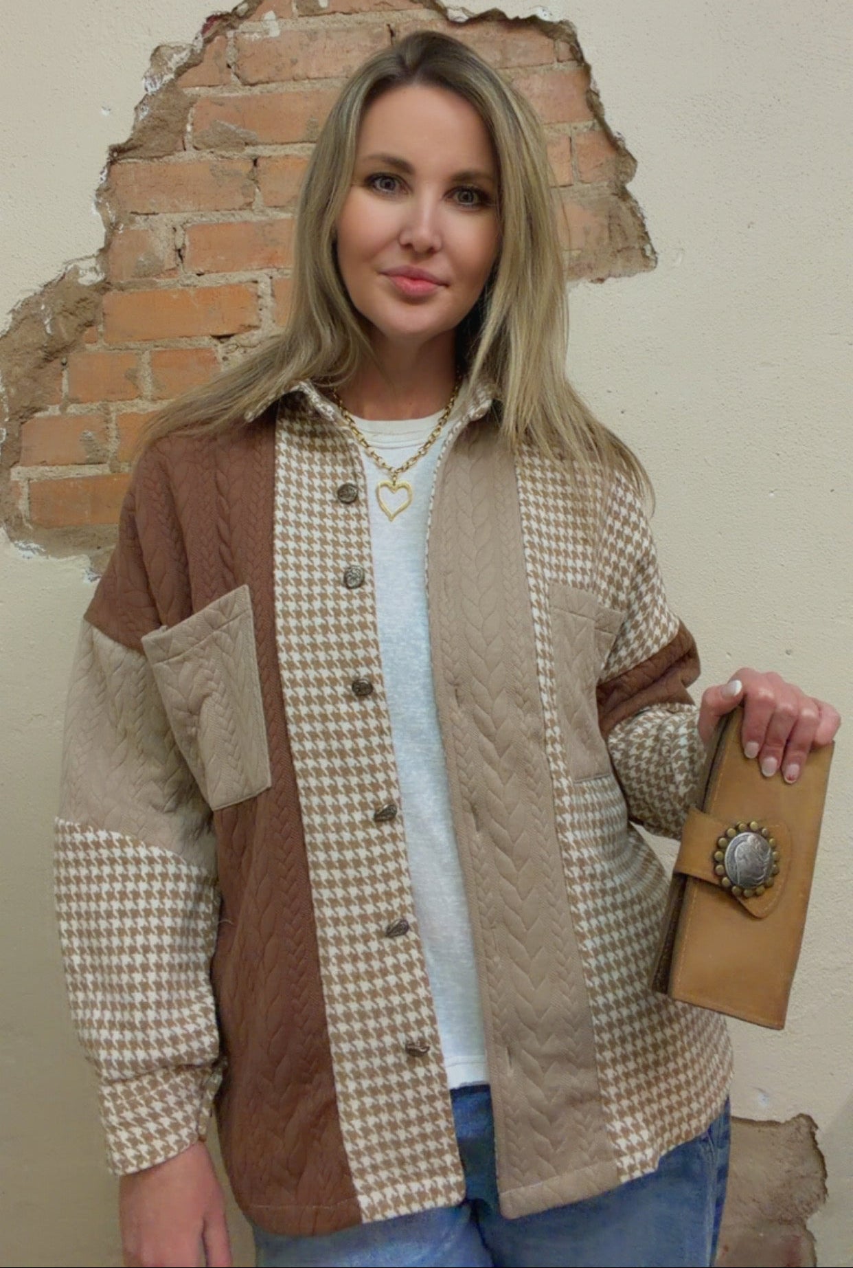 Khaki Houndstooth Color Contrast Textured Patchwork Loose Shacket