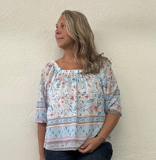 BOHO FLORAL BORDER SQUARE NECK BLOUSON BLOUSE TOP