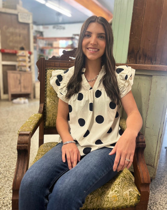Polka Dot Print V Neck Ruffle Sleeve Blouse (S-XL)
