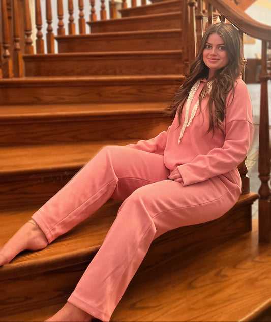 Drawstring Pullover Hoodie and High Waist Pants Corduroy Set (Copy) Rose Tan