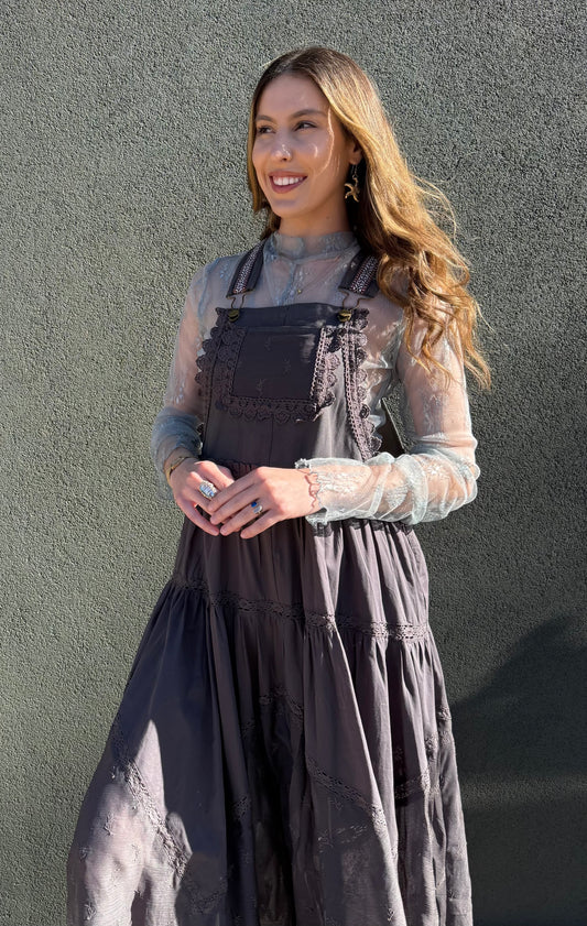 LACE EMBROIDERED TULLE BIB MAXI DRESS