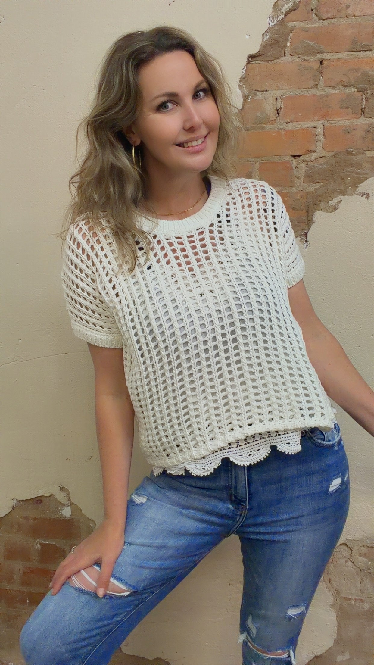 Open knit Short Sleeve Crochet Sweater