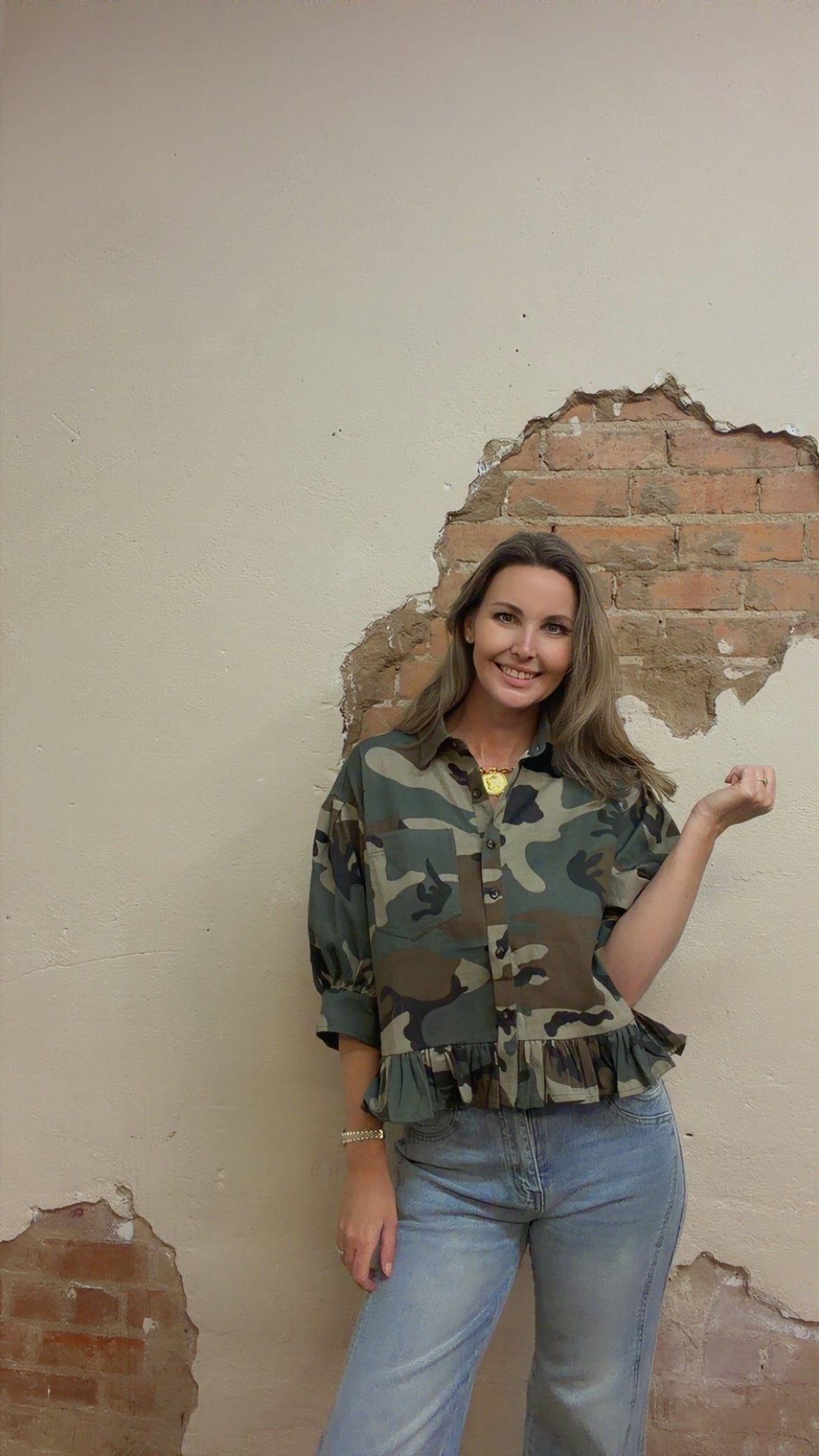 CAMO PRINTED RUFFLED HEM BUTTON DOWN BLOUSE