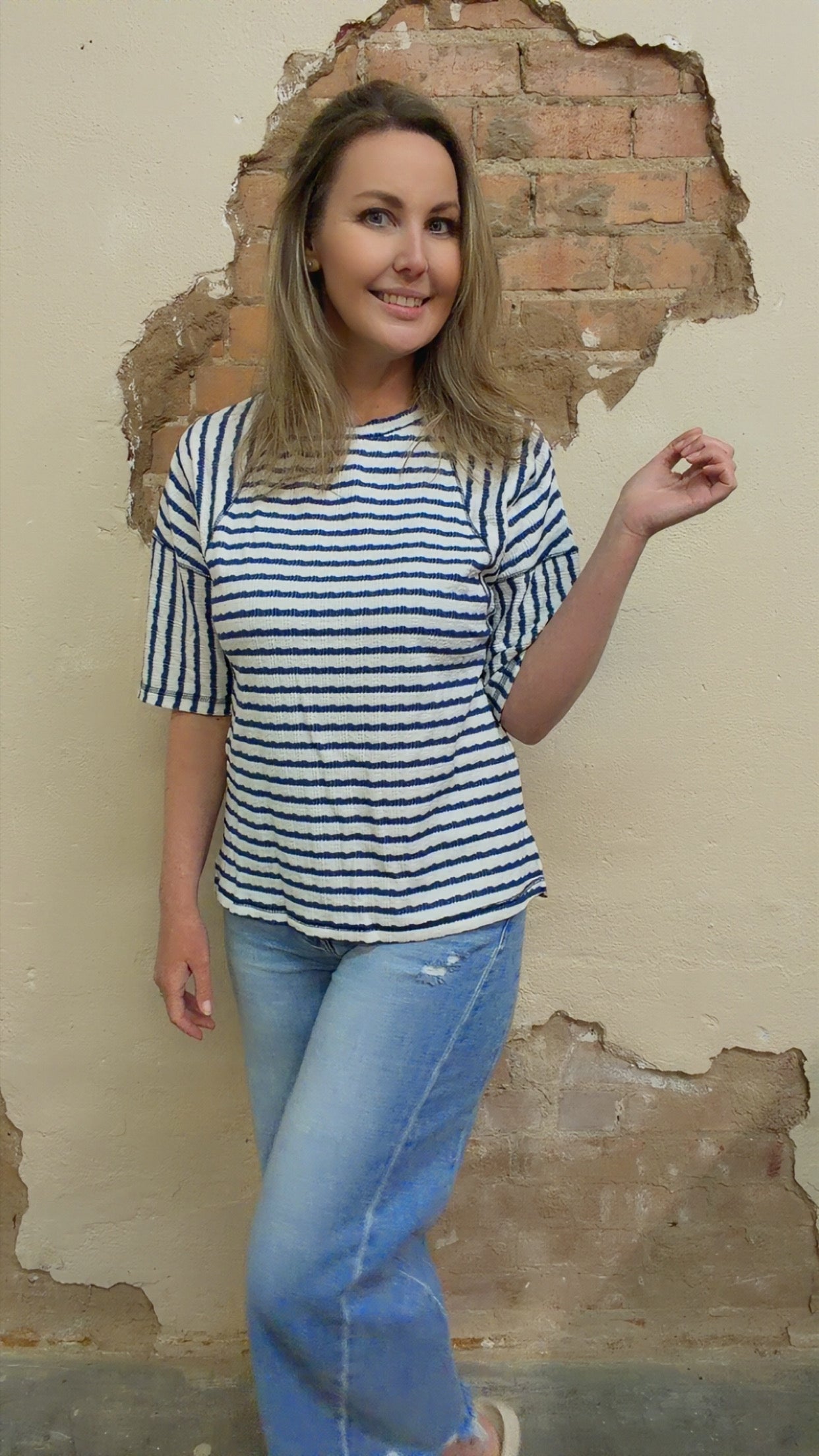 Noelle Textured Knit Top | Blue Stripe Tee | Split Hem