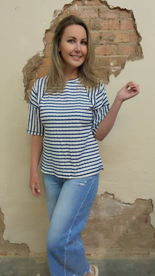 Noelle Textured Knit Top | Blue Stripe Tee | Split Hem