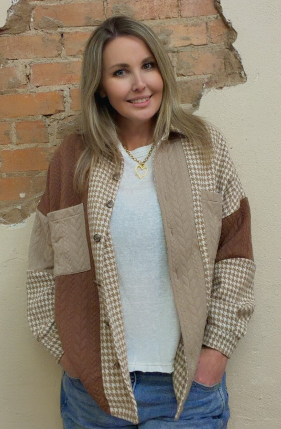 Khaki Houndstooth Color Contrast Textured Patchwork Loose Shacket