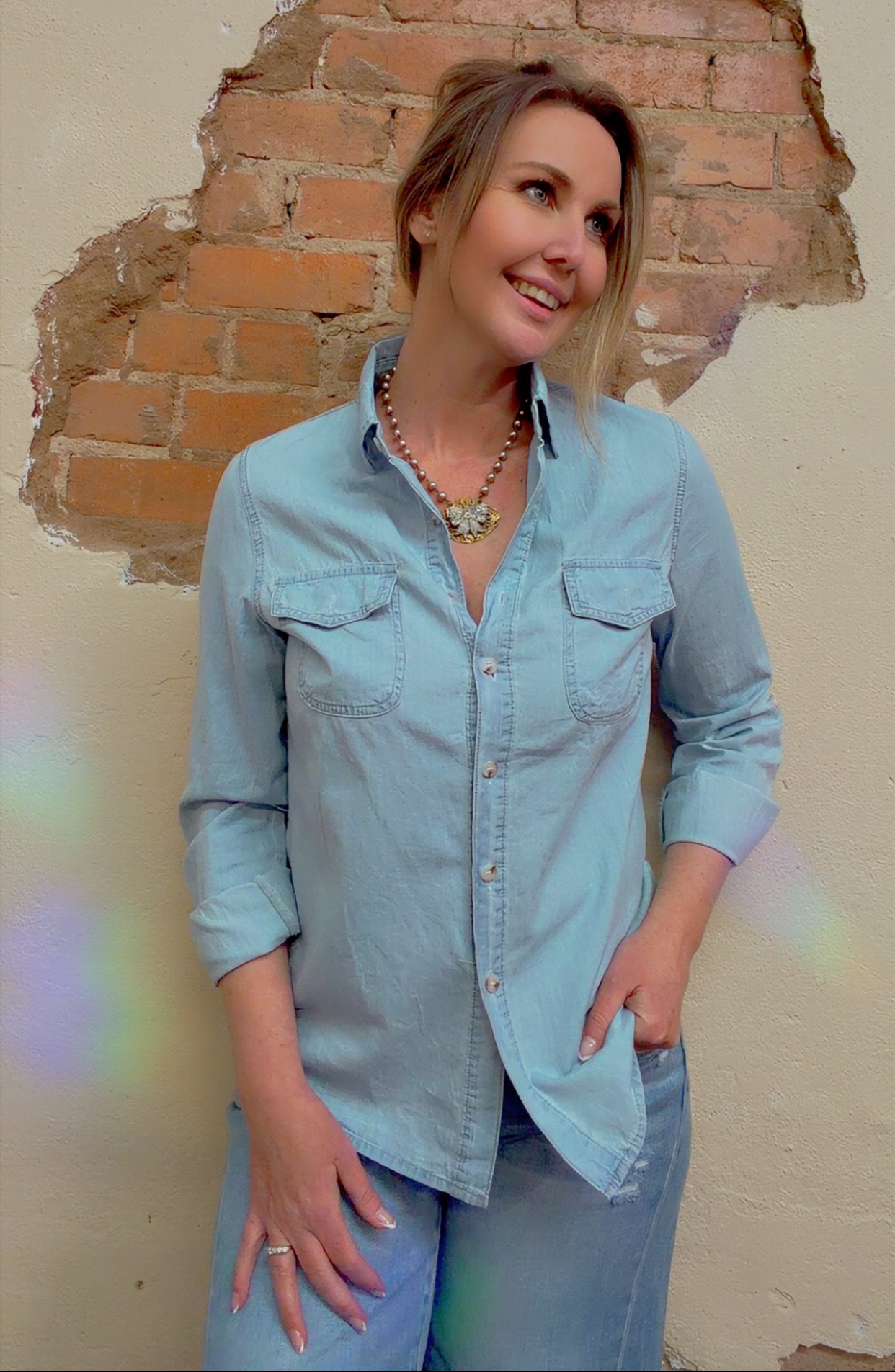 Casual Lapel Collar Button Down Denim Shirt DP25E568