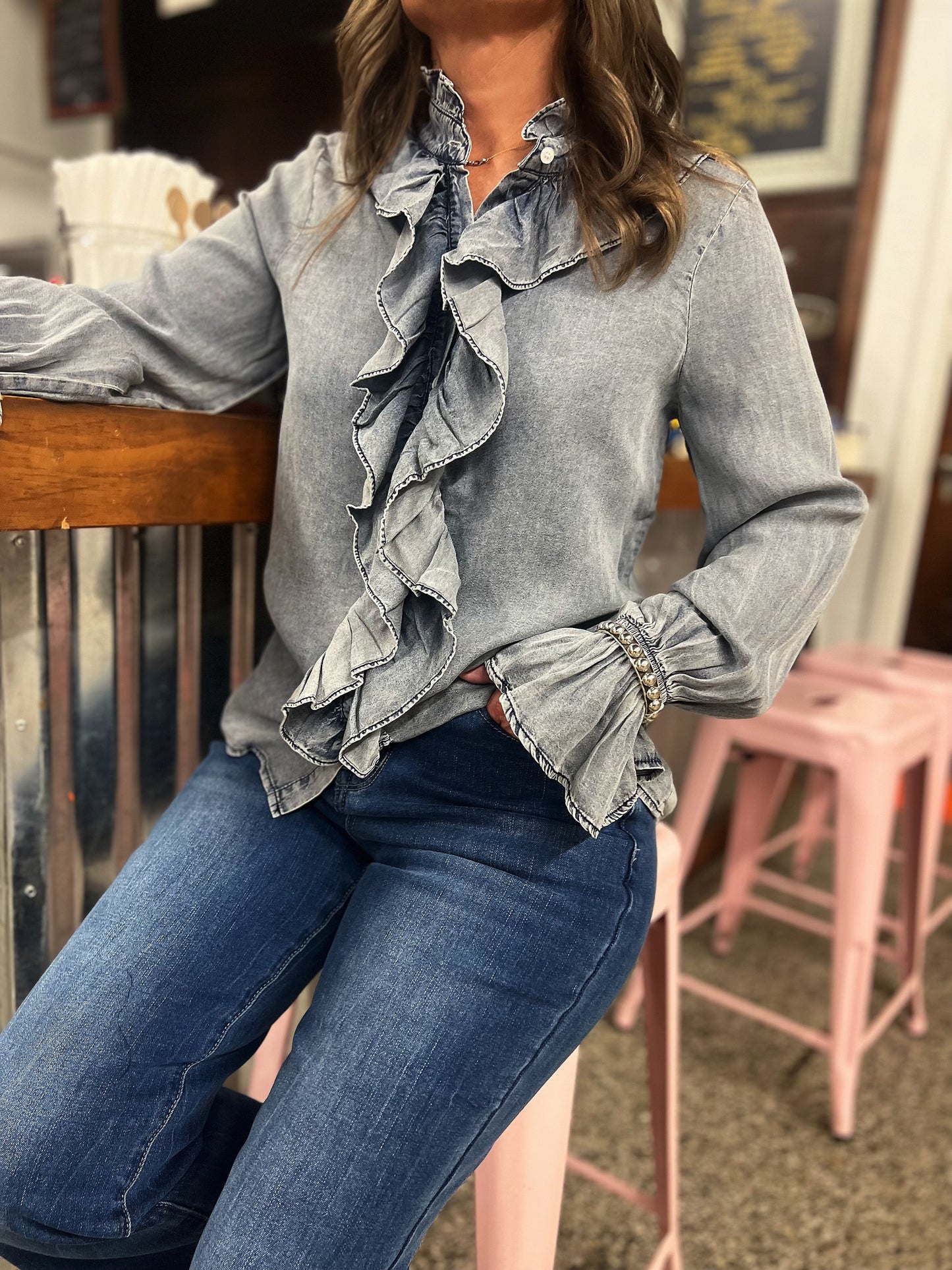 Denim Ruffled  Button Down Long Sleeve Top