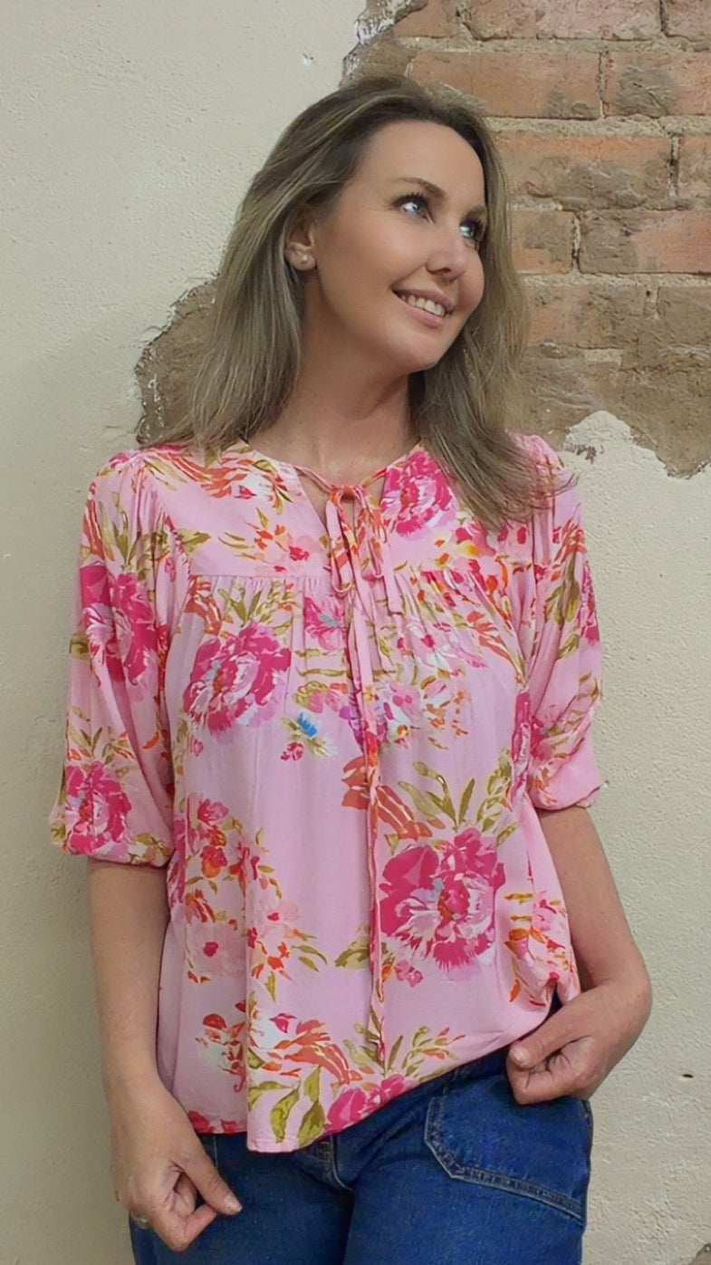 Floral Print Tie Neck Puffy Half Sleeve Blouse (S-XL)