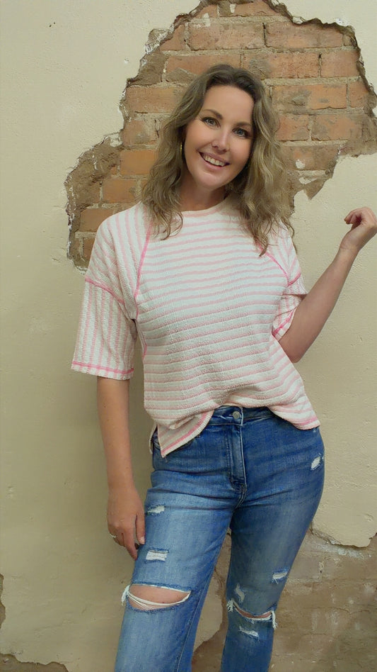 Stripe Textured Knit Split Hem Half Sleeve Loose Top (S-4X)
