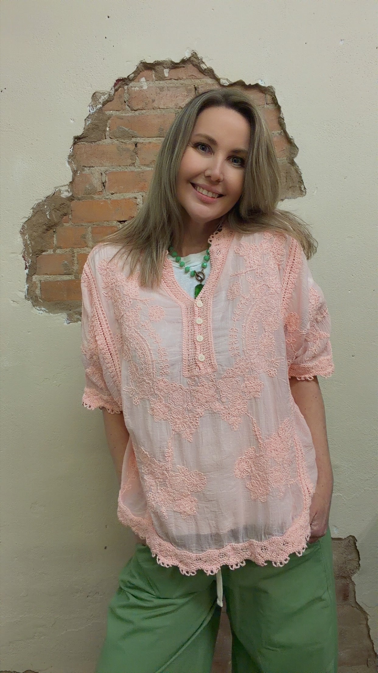 V-neck Short Sleeve Floral Embroidered Crochet Blouse Top