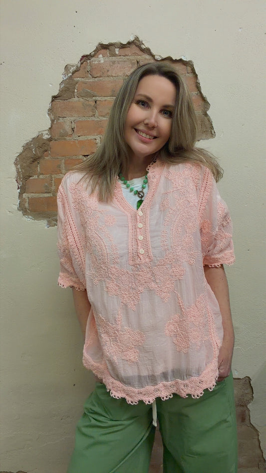 V-neck Short Sleeve Floral Embroidered Crochet Blouse Top