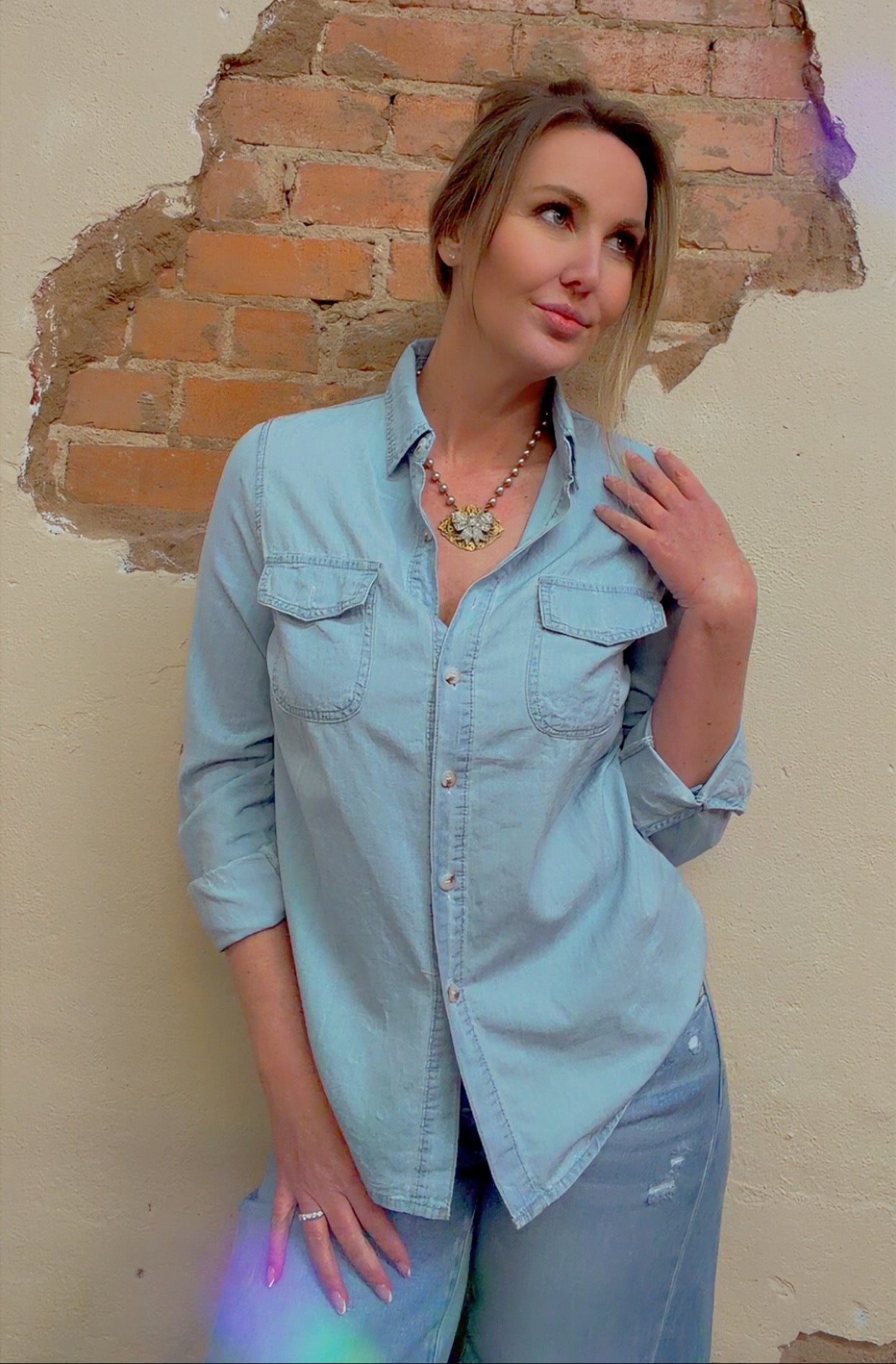 Casual Lapel Collar Button Down Denim Shirt DP25E568