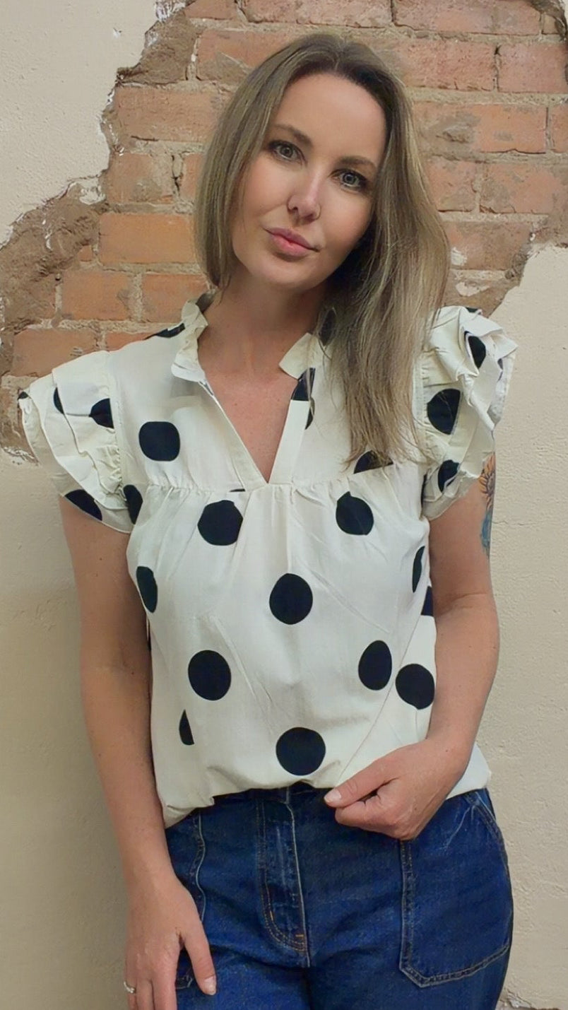 Polka Dot Print V Neck Ruffle Sleeve Blouse (S-XL)