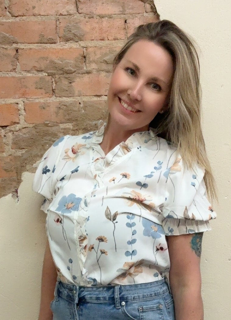 Ruffled V-Neck Floral Printed Puff Sleeve Blouse