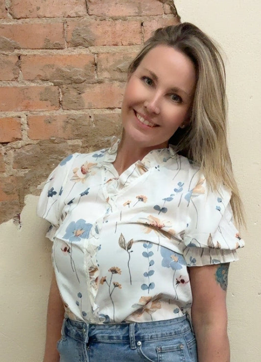 Ruffled V-Neck Floral Printed Puff Sleeve Blouse