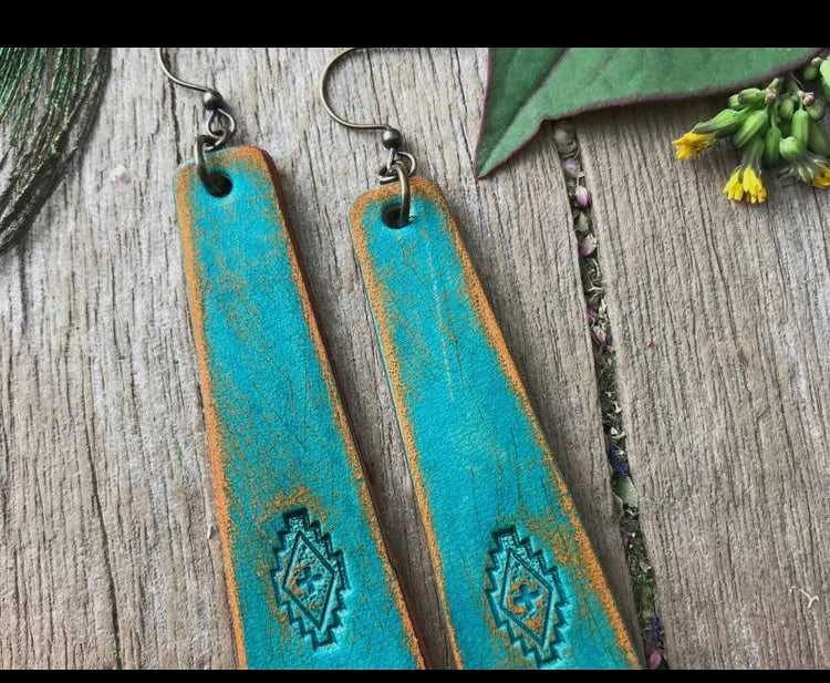 Hand Tooled Western Style Leather Bar Earrings