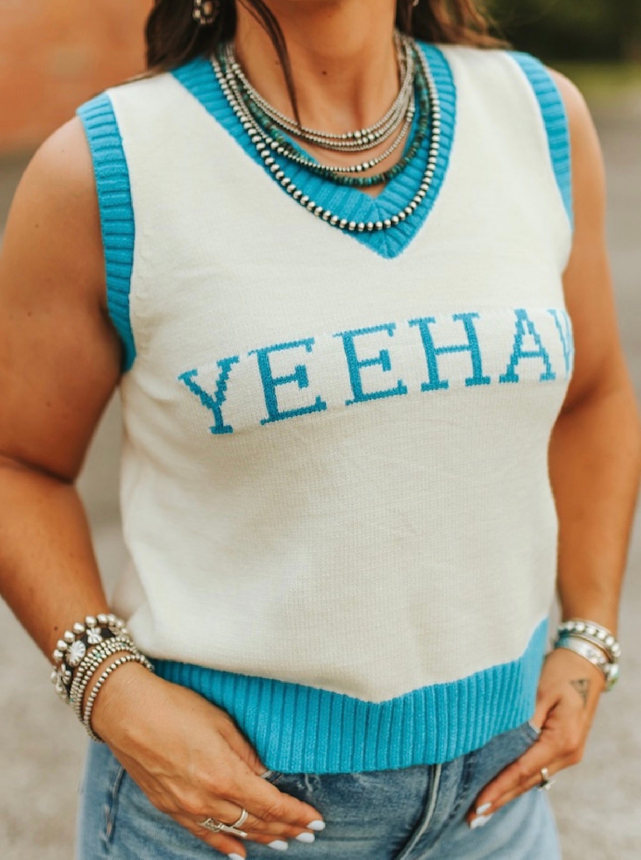 Ivory Teal Yeehaw Knit Sleeveless Sweater