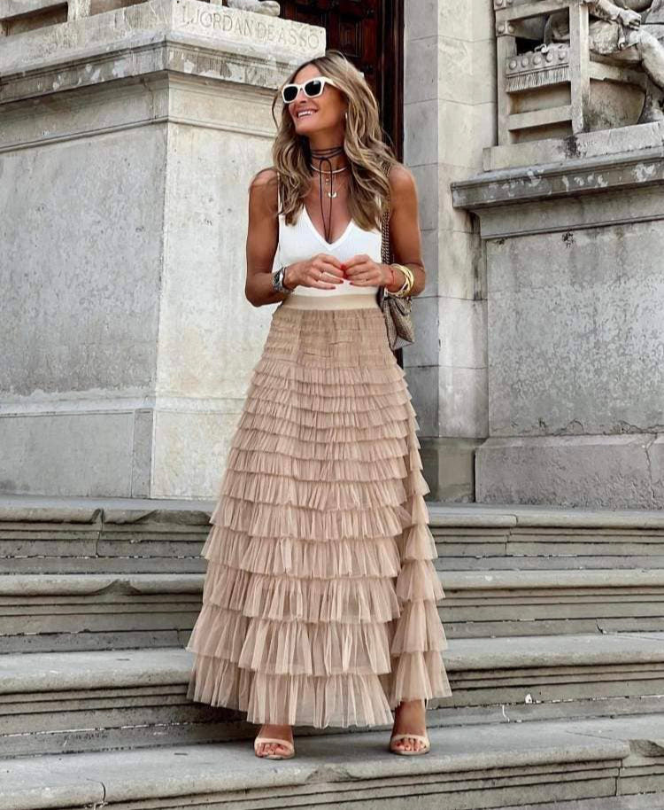 Khaki gauze tiered skirt