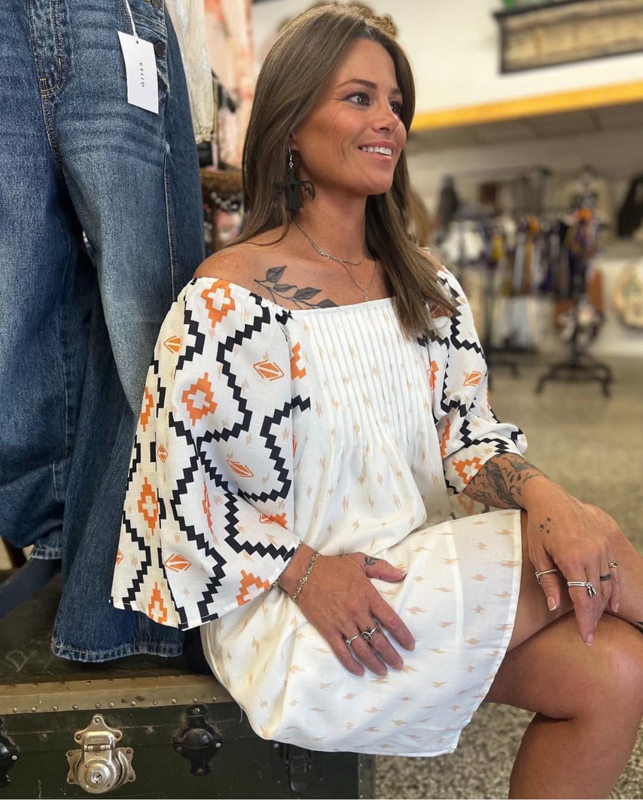 Western Print Pleated Square Neck Loose Mini Dress