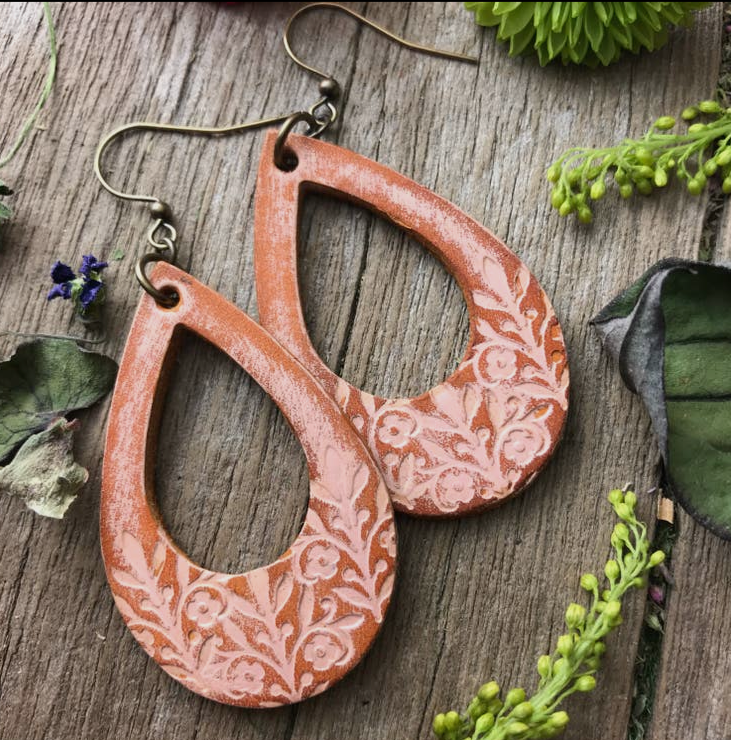 Boho Western Leather Floral Teardrop Earrings