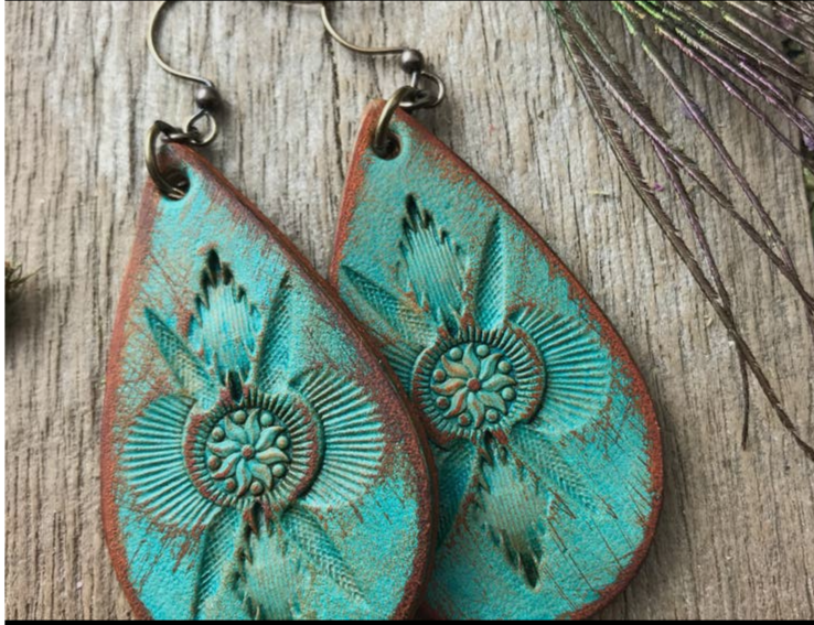 Boho Western Turquoise Leather Teardrop Earrings