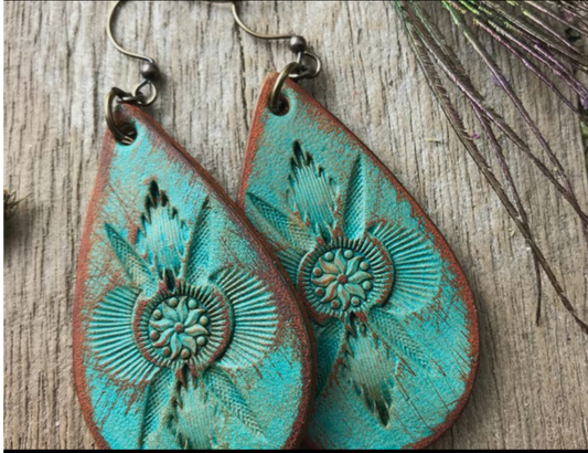 Boho Western Turquoise Leather Teardrop Earrings