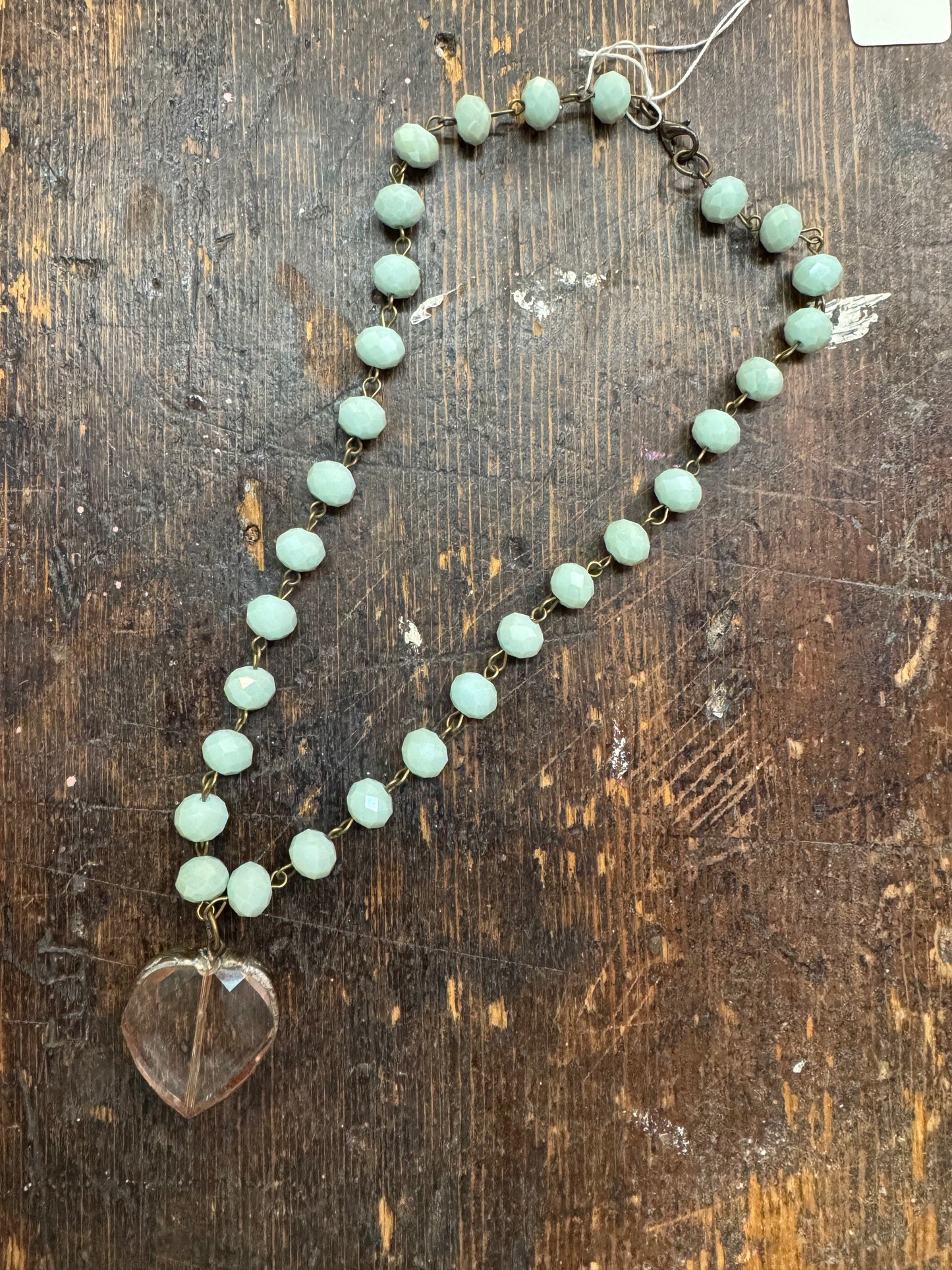 Soldered Crystal Heart Sage Color Beaded Chain Necklace