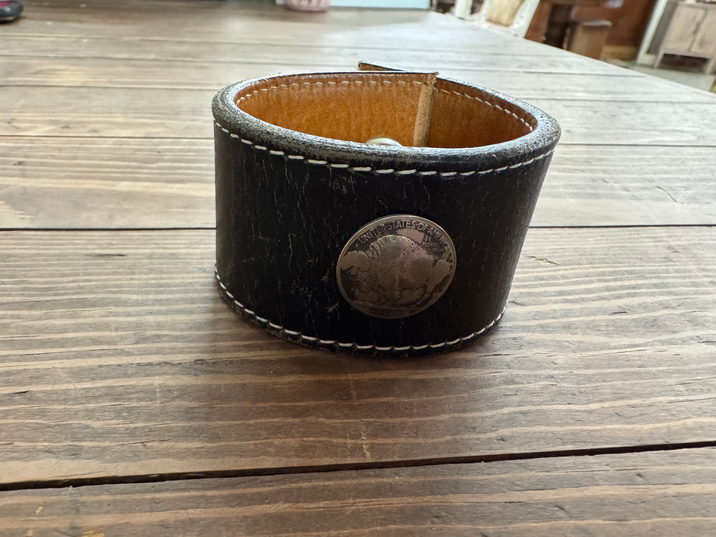Black leather authentic Buffalo buckle bracelet