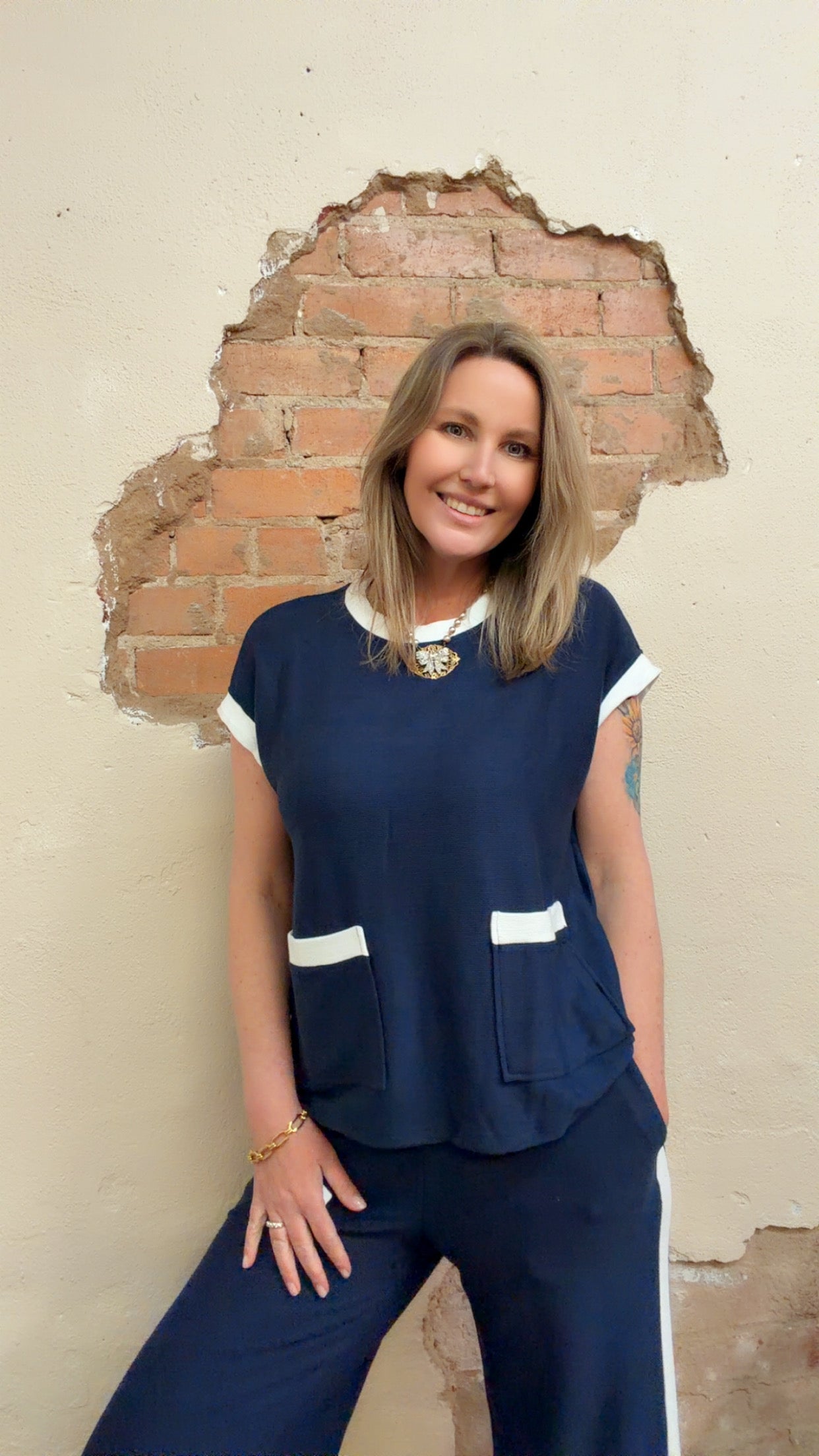 Blue Color Block Pocketed T Shirt and Wide Leg Pants Set