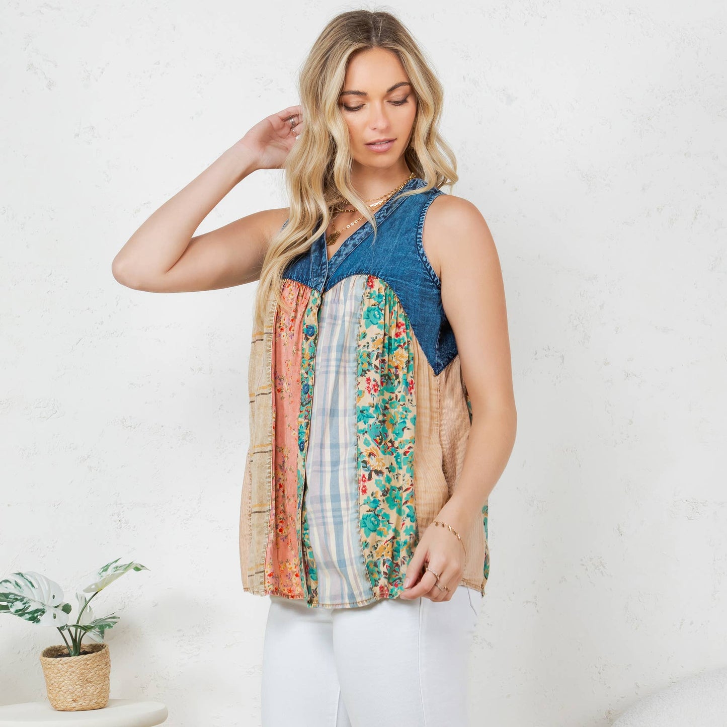 Chic V-Neck Front-Open Top with Artistic Patchwork