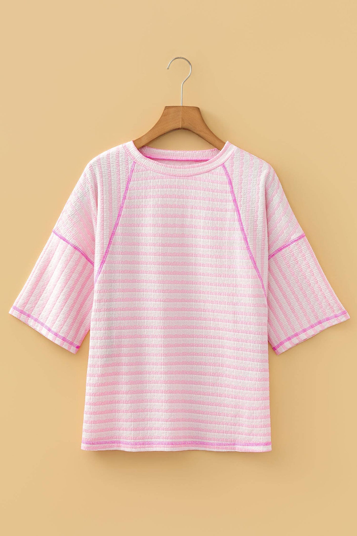 Stripe Textured Knit Split Hem Half Sleeve Loose Top (S-4X)