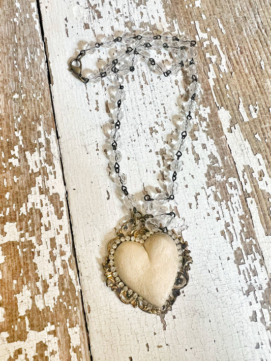 Whitewash Neutral Color Clay Heart Filigree Necklace