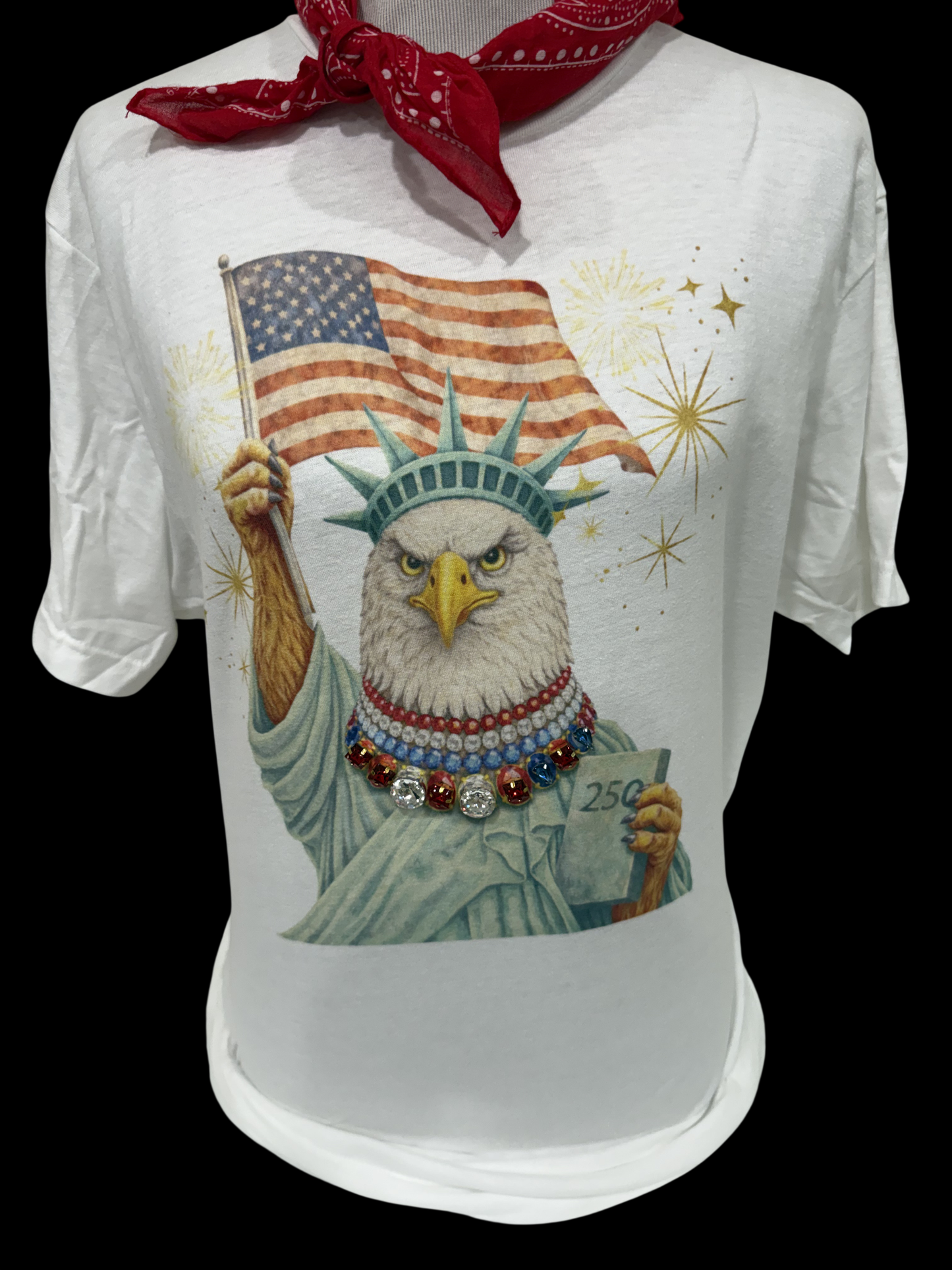 Jeweled Collar Liberty Eagle RWB on White or Natural Crew