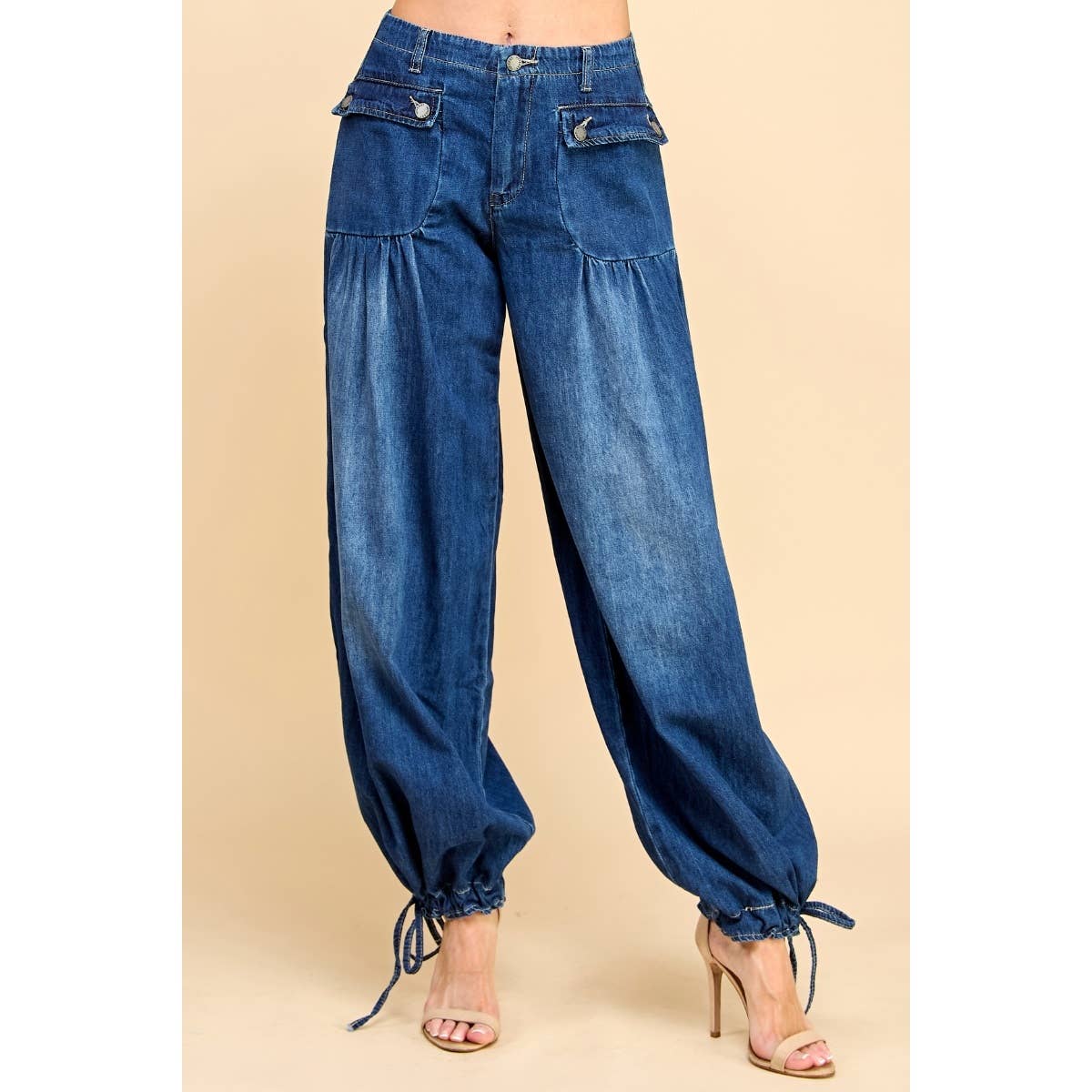 Ankle Drawstring Wide Denim Pants