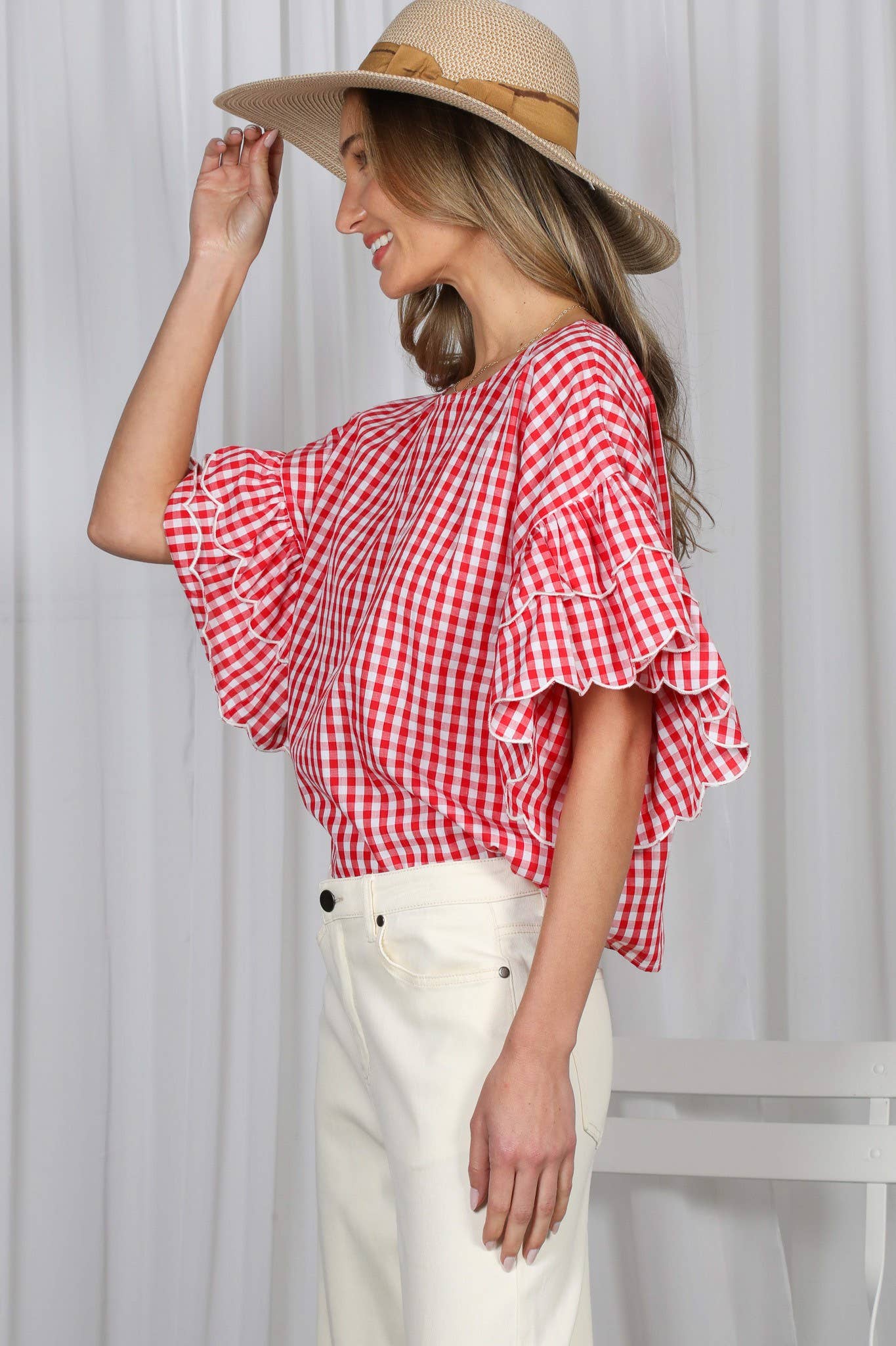 Charming Gingham Scallop Edge Wild Ruffle Cotton Top VT83548