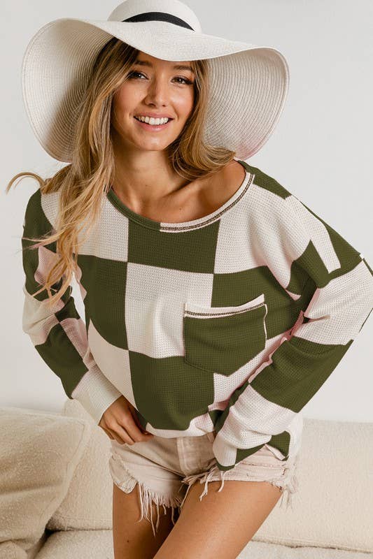 Checker Printed Hacci Top With Front Pocket