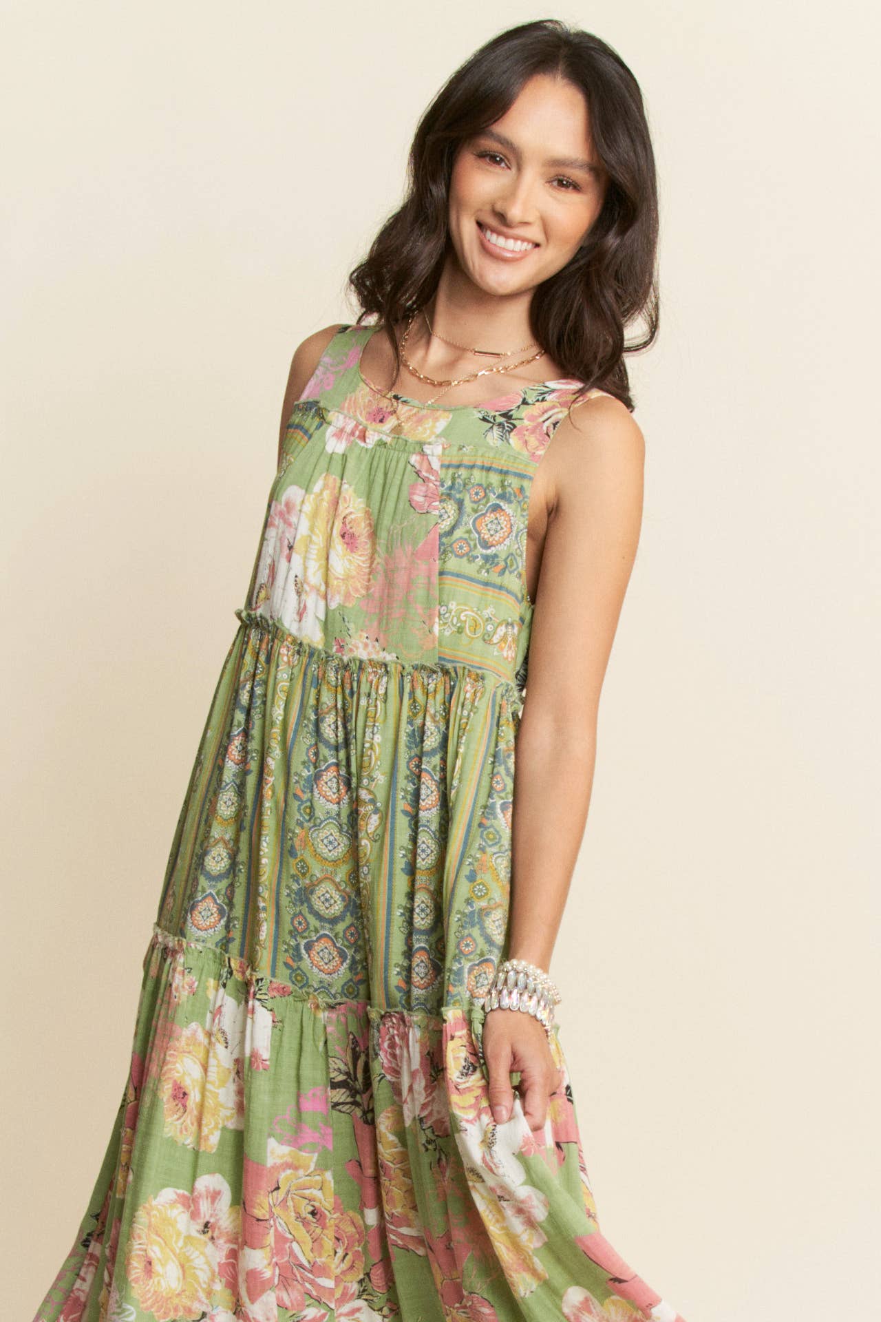 FLORAL BOHO STRIPE MIXED FULL SKIRT MIXI DRESS