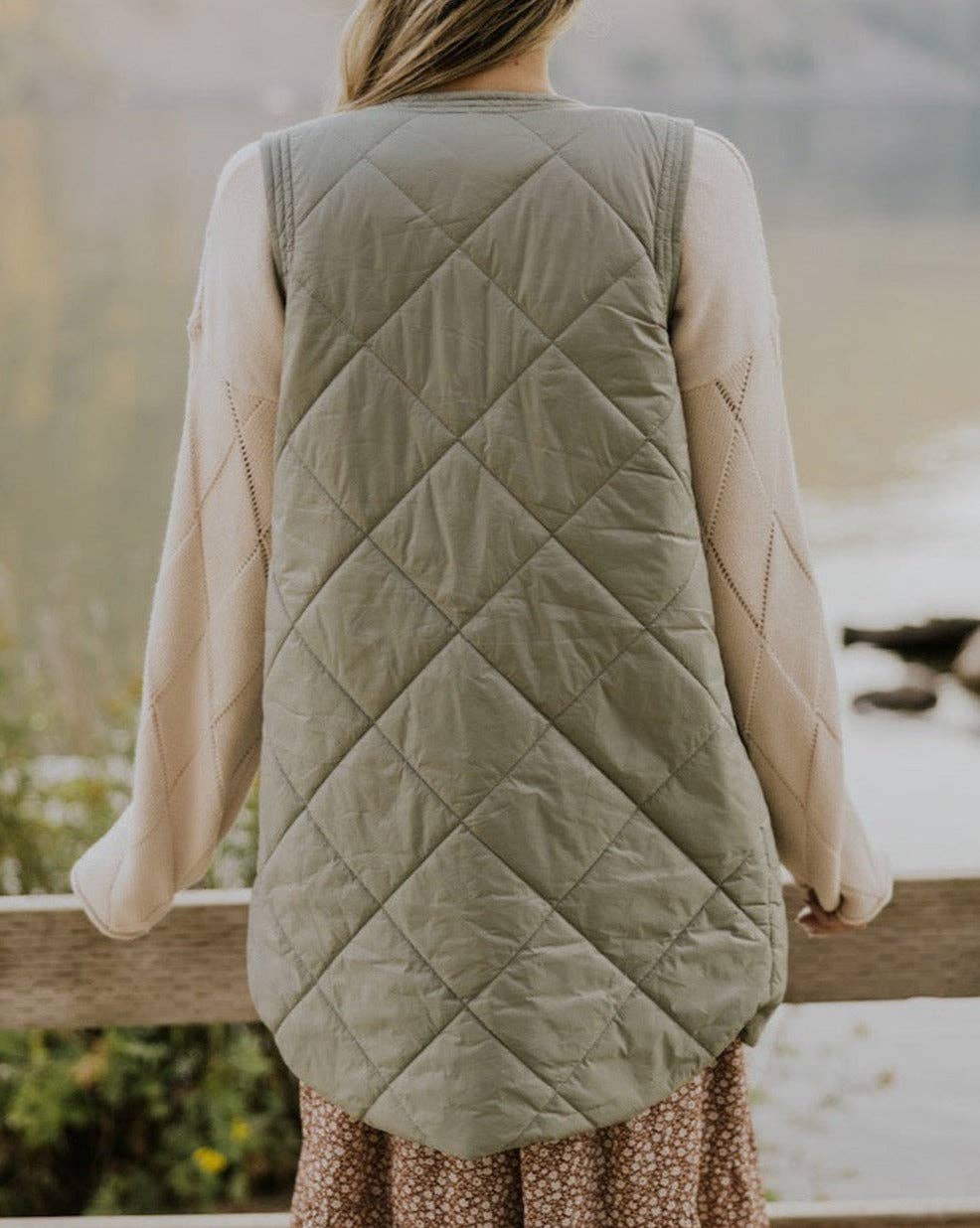 Quilted Long Vest Jacket with Pockets