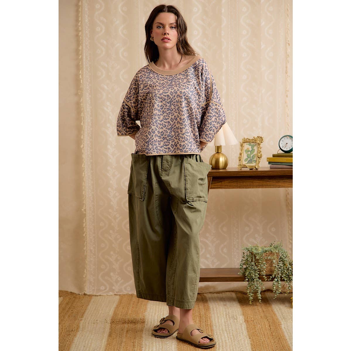 WASHED COTTON OVERSIZED POCKETS WIDE CARGO PANTS