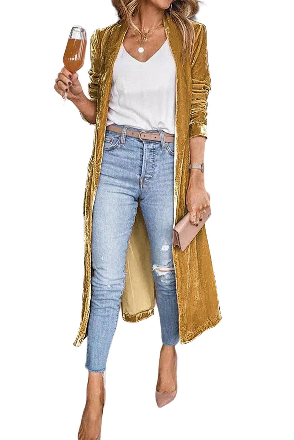 Velvet Open Front Pocketed Duster gold