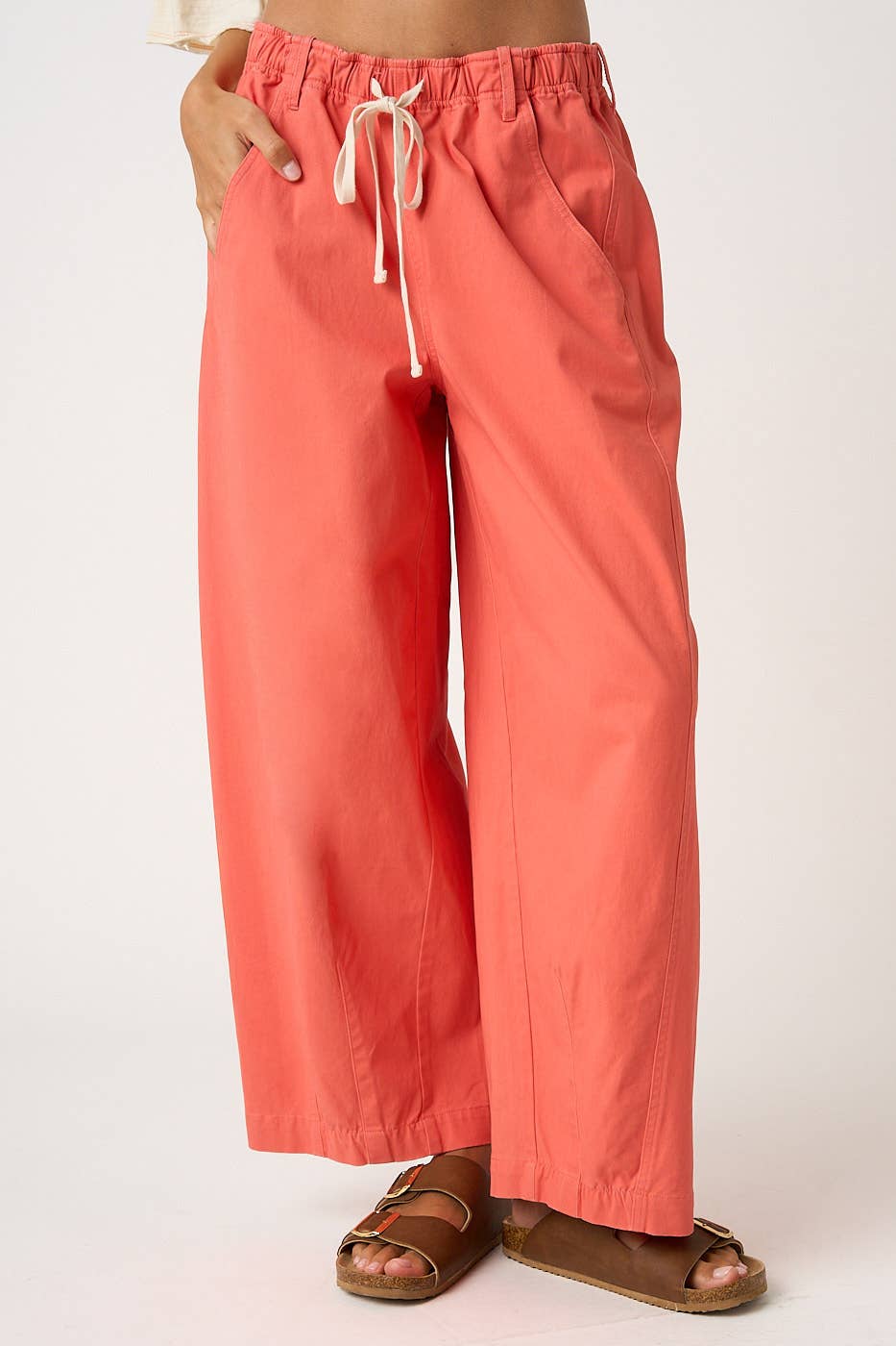 WIDE BARREL LEG DRAWSTRING ELASTIC WAIST PANTS