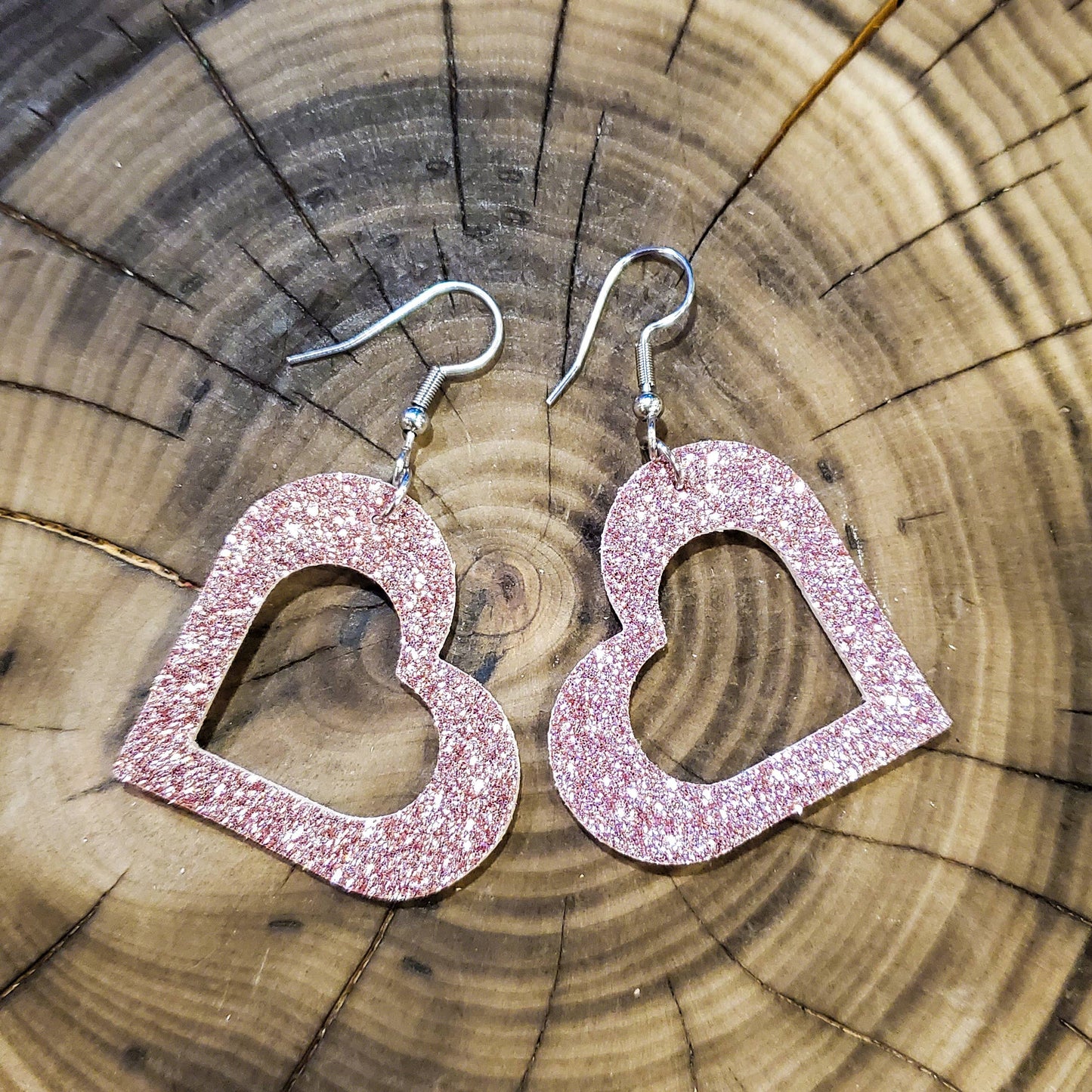 Pink Glitter Heart Valentine's Day Leather Earrings