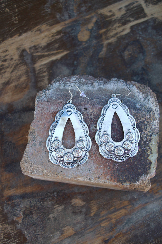 METAL STAMPED TEARDROP EARRINGS W/ CRYSTALS