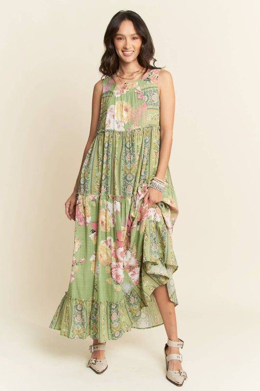 FLORAL BOHO STRIPE MIXED FULL SKIRT MIXI DRESS