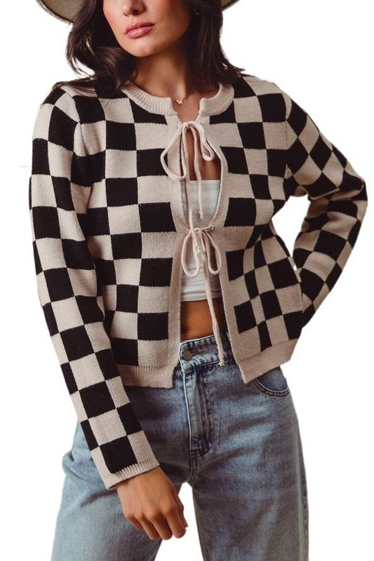 Tie Front Checkered Knitted Round Neck Cardigan