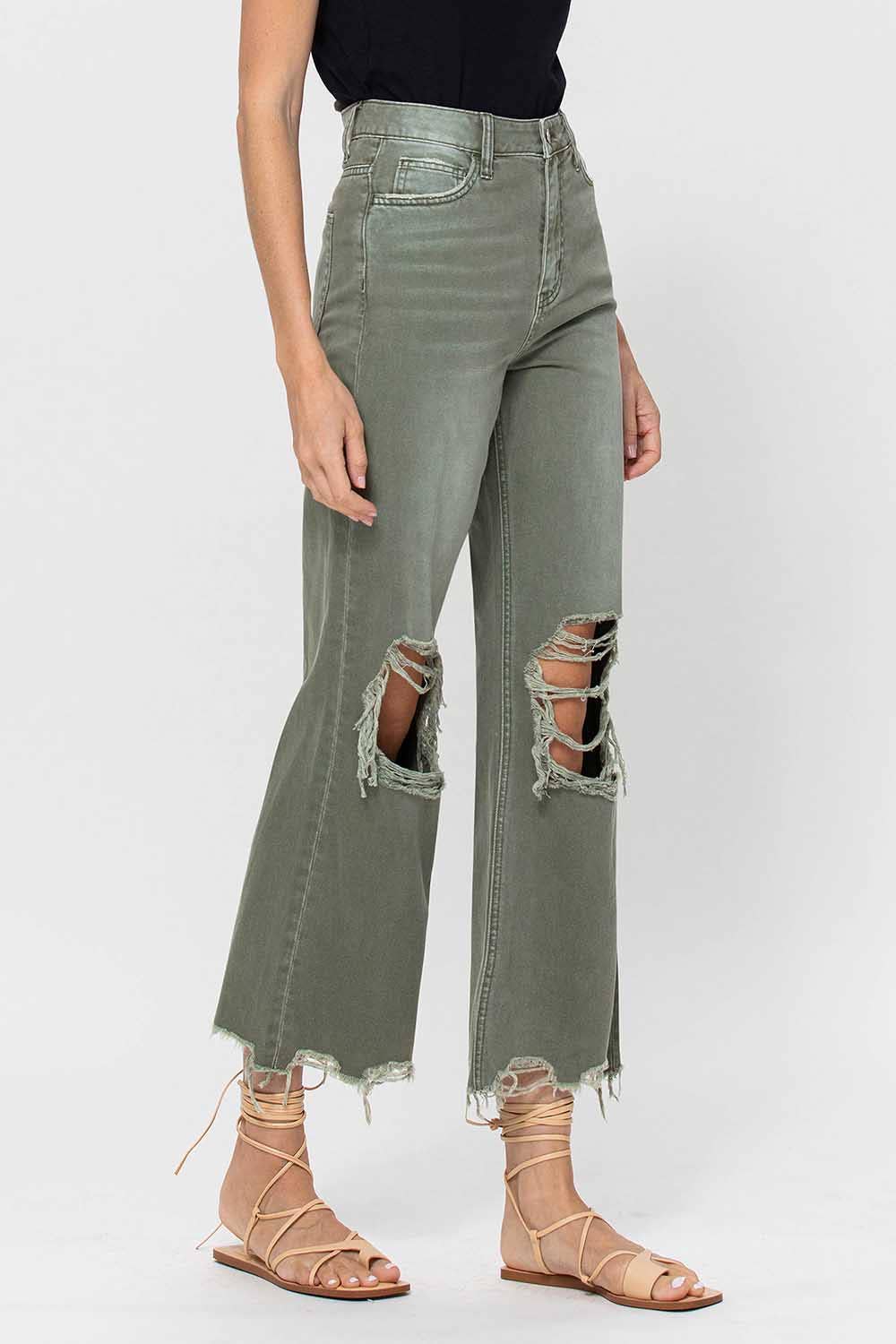 90S VINTAGE HIGH RISE CROP FLARE JEAN V2738: ARMY GREEN