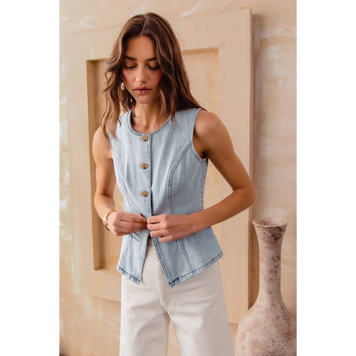 SLIM FIT BUTTON FRONT DENIM VEST TOP