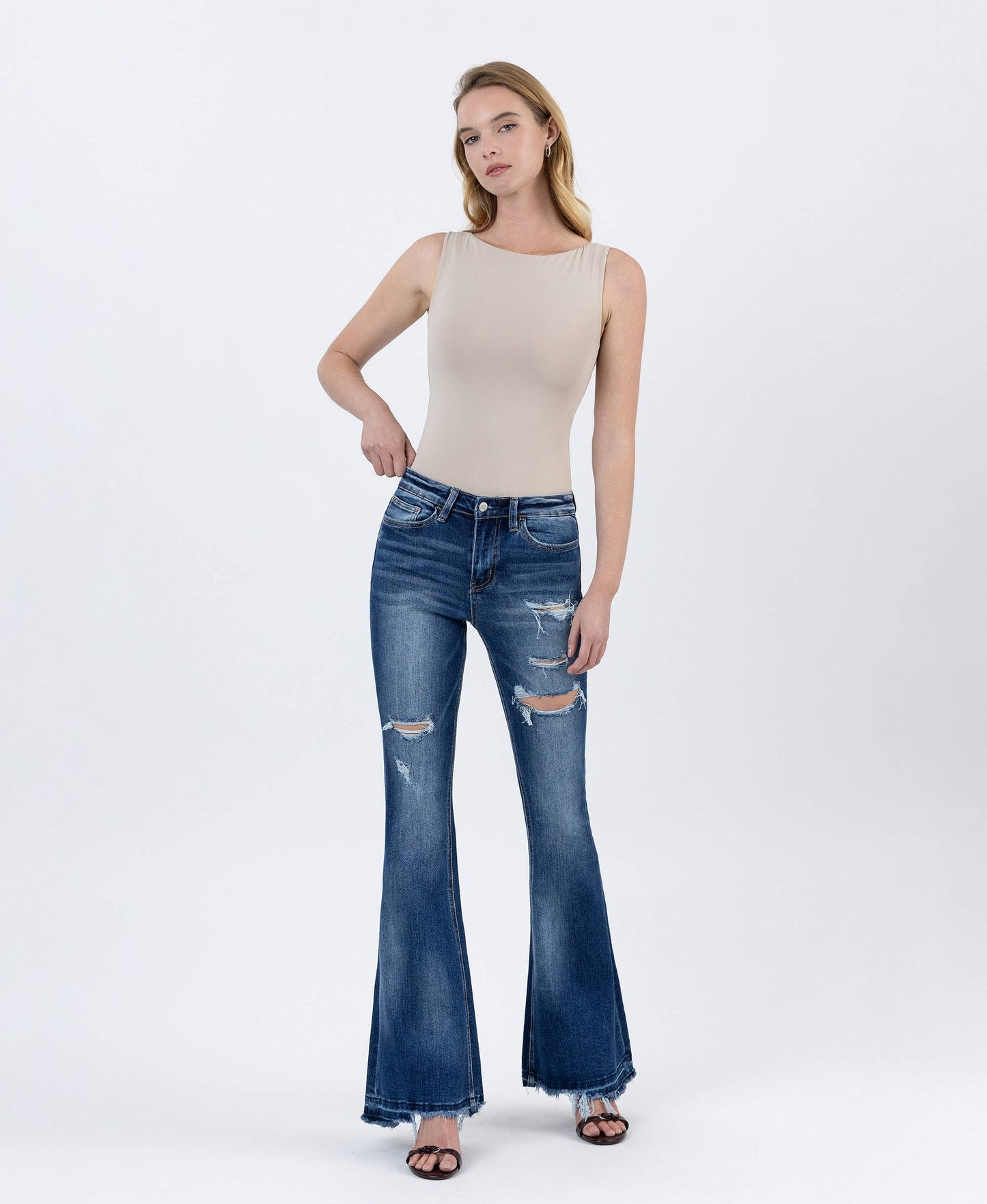 HIGH RISE DISTRESSED FLARE JEANS T5421